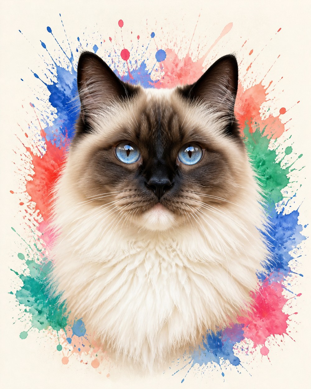 Pawtrait Pop portrait of a ragdoll cat against a burst of colour