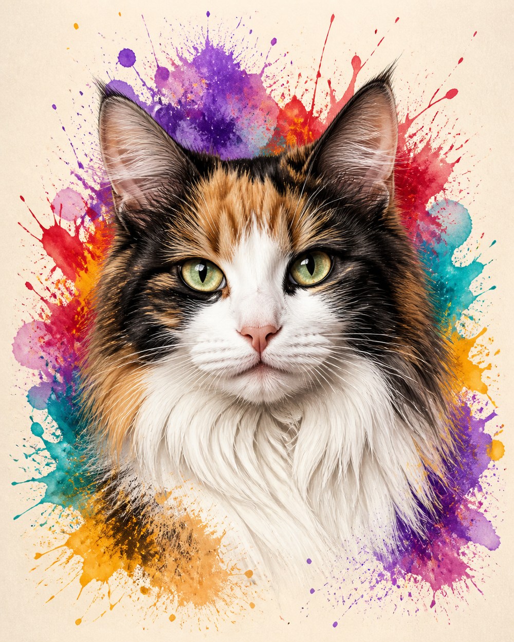 Pawtrait Pop portrait of a tortoiseshell cat against a burst of colour